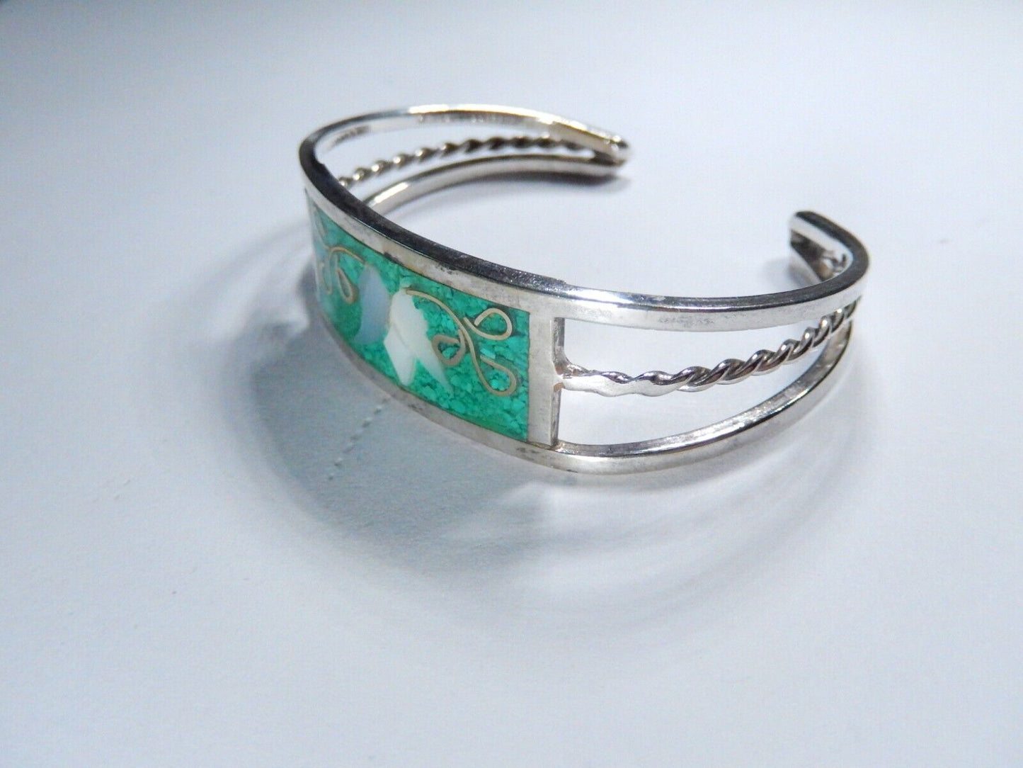 Alpaca Mexico Silver Abalone Inlay Lavender Tulip Blue/Green Cuff Bracelet
