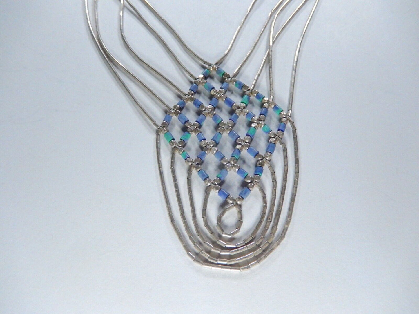 VINTAGE SOUTHWESTERN STERLING SILVER AND TURQUOISE LIQUID SILVER MESH NECKLACE