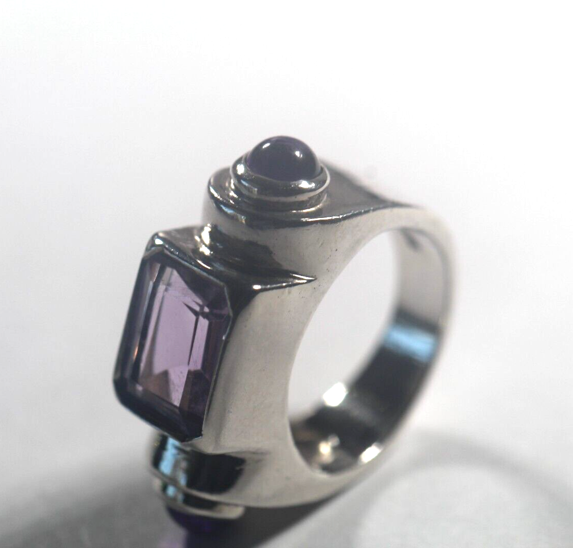 *VINTAGE* Sterling Silver Mid Century Modern Amethyst Gemstone Ring Size 5