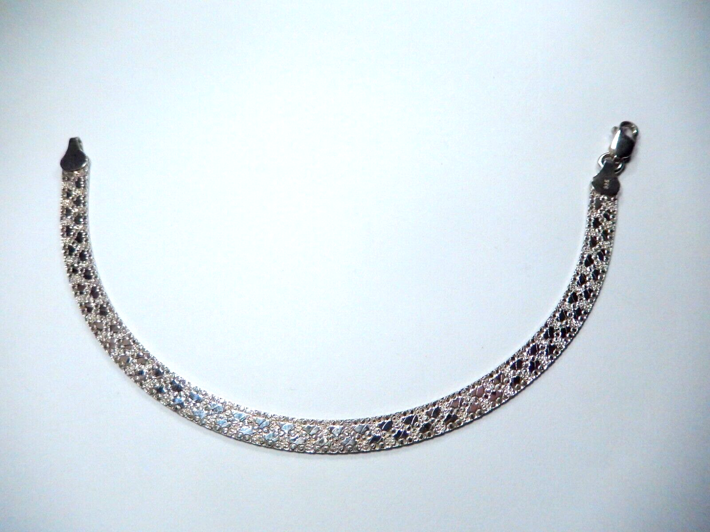 Italy 925 Sterling Silver Herringbone Flat Bracelet Diamond Pattern Reversible