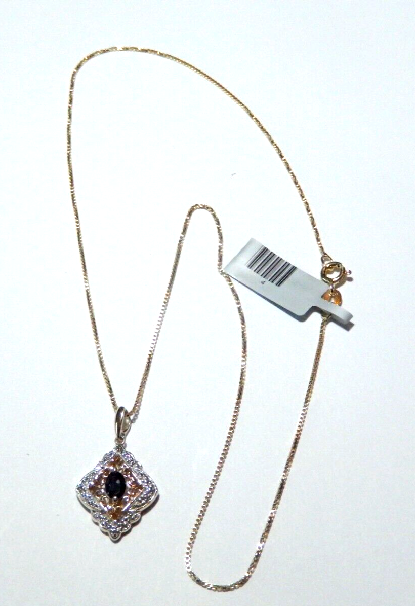 VINTAGE  Gold Vermeil 925 Blue Sapphire  Diamond Pendant w 18 Vermeil Chain