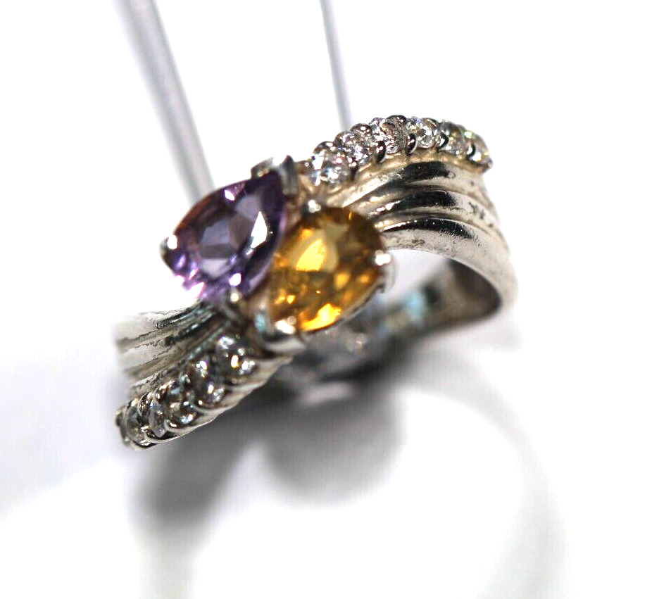 *VINTAGE* Sterling Silver Citrine and Amethyst Bypass Ring 925 Size 6.5