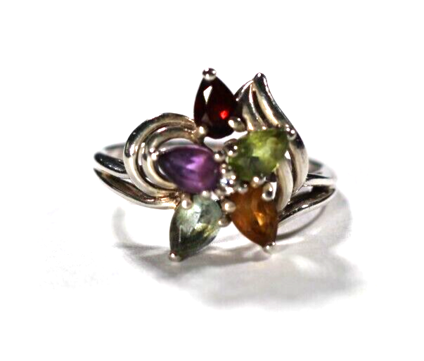 *VINTAGE* 1.65 CT Multi Gemstone Ring 925 Sterling Silver Ring Size 8