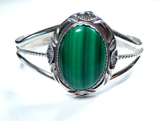 Native American Navajo Sterling Silver Malachite Cuff Bracelet Signed HT