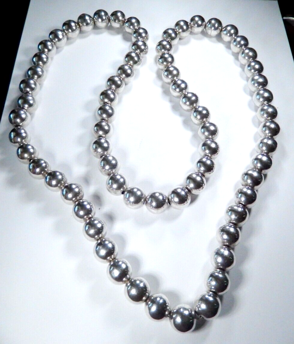 *VINTAGE* 925 Sterling Silver LARGE 14mm Smooth Bead Beaded Necklace 36" LONG