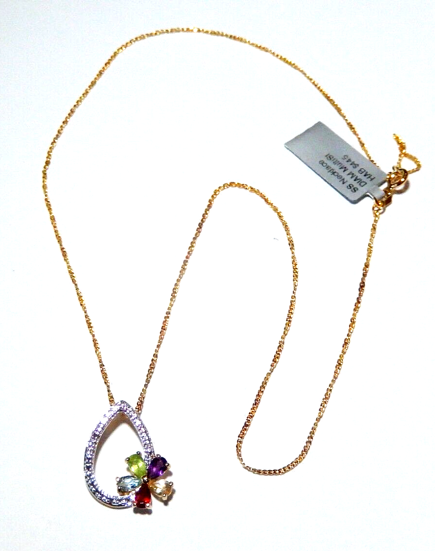 NWT Gold Vermeil 925 Diamond  Multi Colored Gemstones Pendant w 18 Chain
