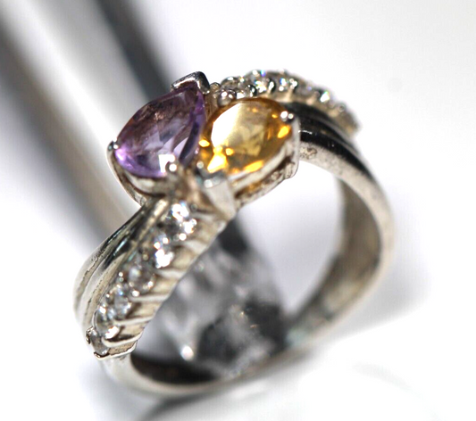 *VINTAGE* Sterling Silver Citrine and Amethyst Bypass Ring 925 Size 6.5