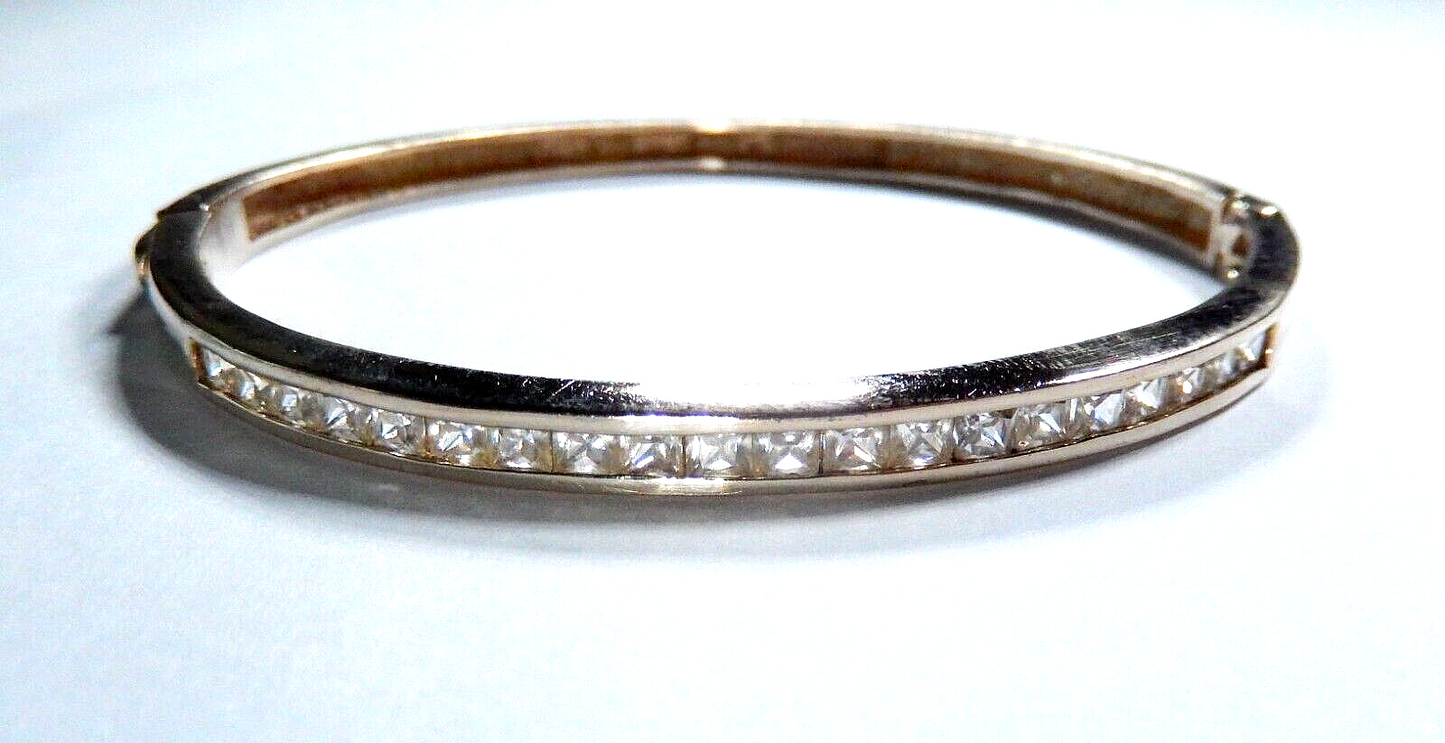*VINTAGE*   Gold Vermeil .925 Princess Cut CZ  Hinged Bangle Bracelet - 15 Grams
