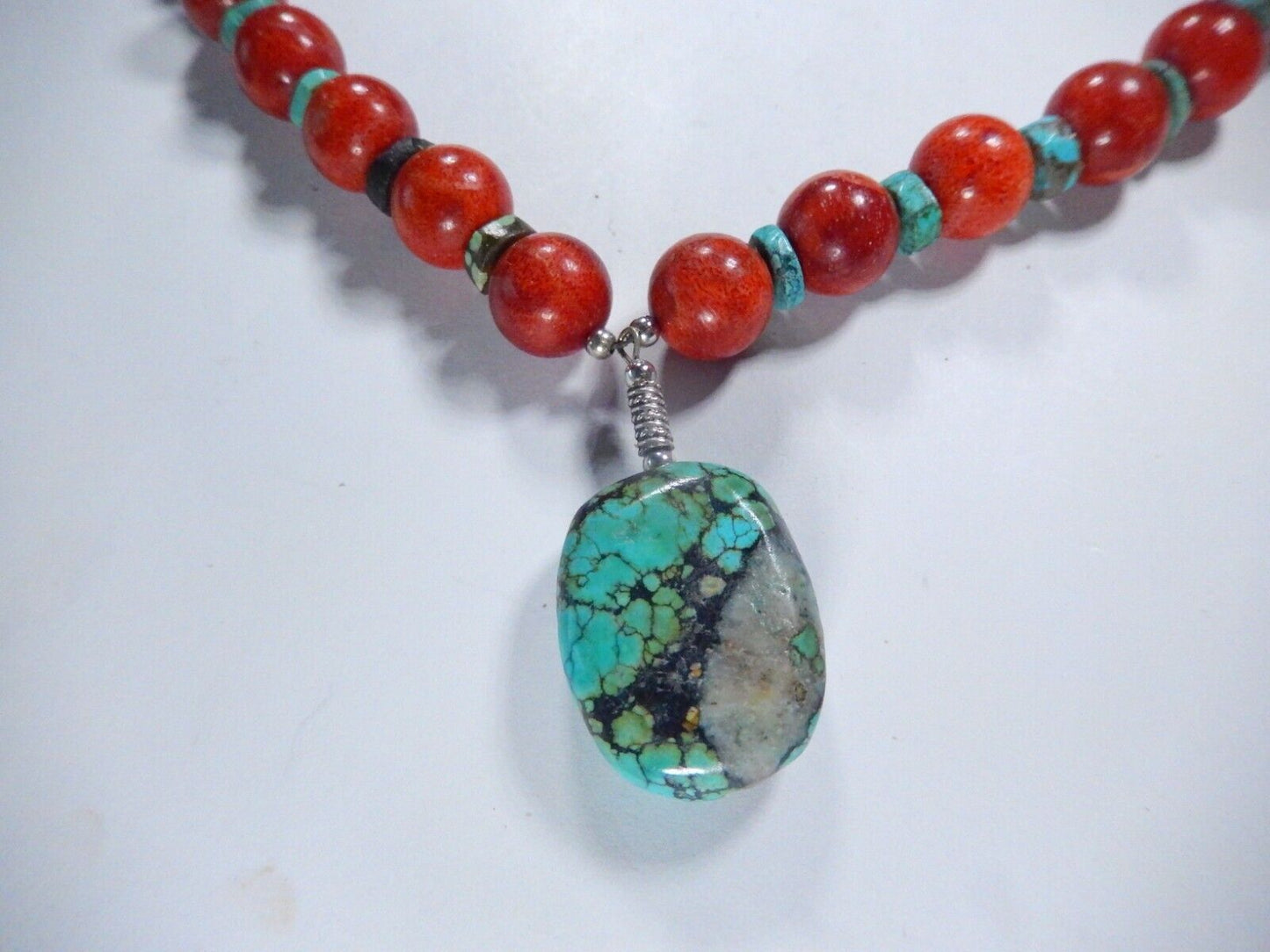 *VINTAGE*  Wooden and Turquoise Beaded Necklace 18" with Sterling Toggle Clasp