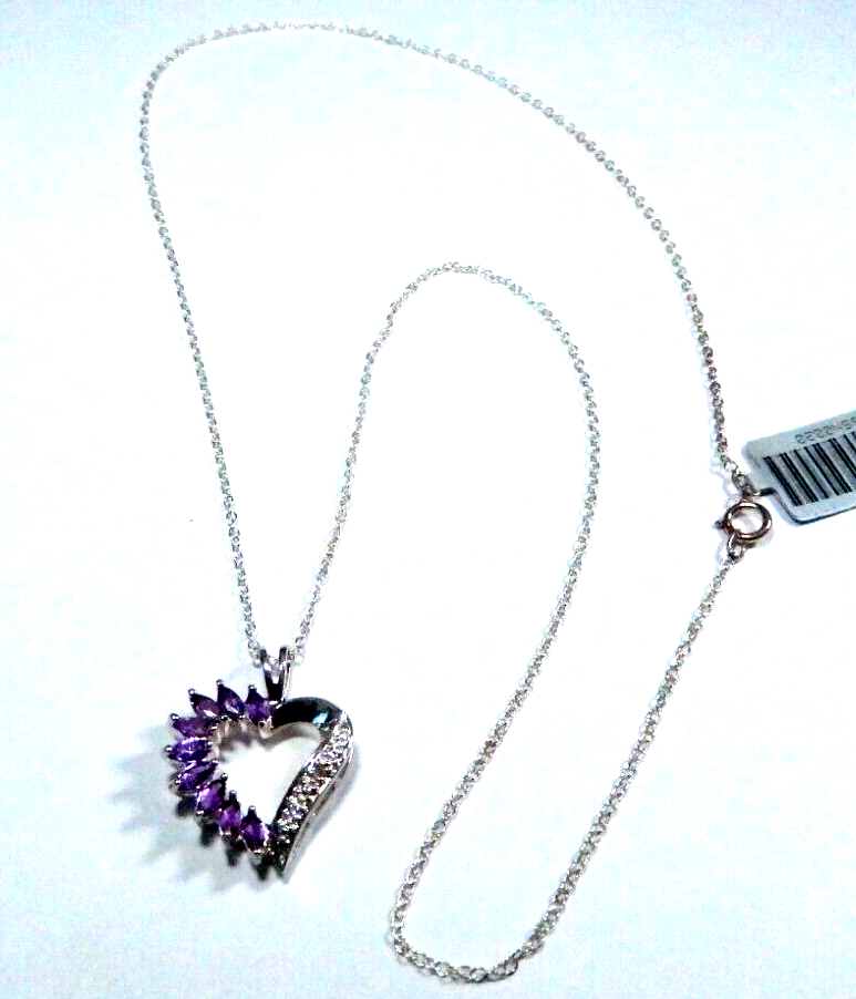 Ross Simons Sterling Silver Amethyst  Diamond Heart Pendant w18 Chain