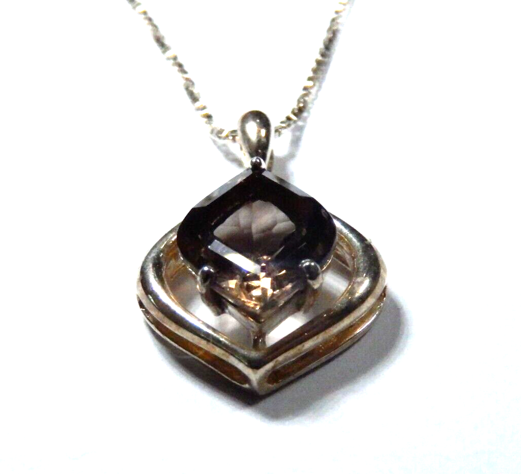 VINTAGE 925 Sterling Silver Real FancyCut Smoky Quartz Pendant w18 chain