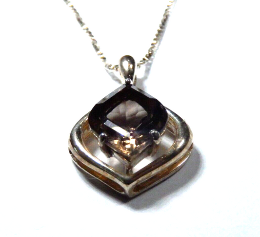 VINTAGE 925 Sterling Silver Real FancyCut Smoky Quartz Pendant w18 chain