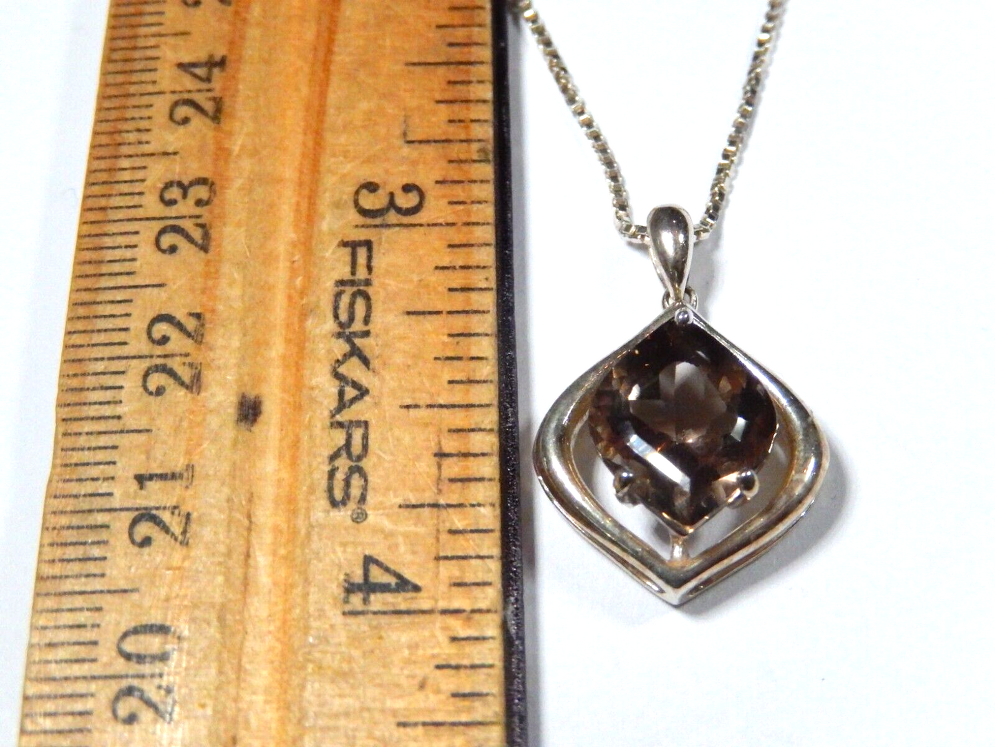 VINTAGE 925 Sterling Silver Real FancyCut Smoky Quartz Pendant w18 chain