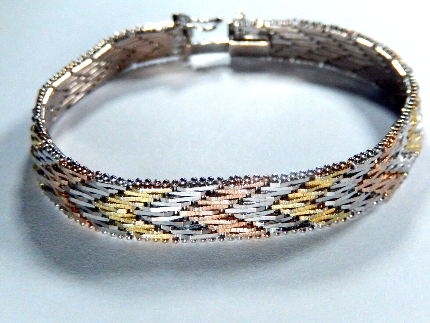 Sterling Silver 925 Tri-Color Gold Chevron Italy Bracelet 9.5mm Wide 21.1 gm -7"