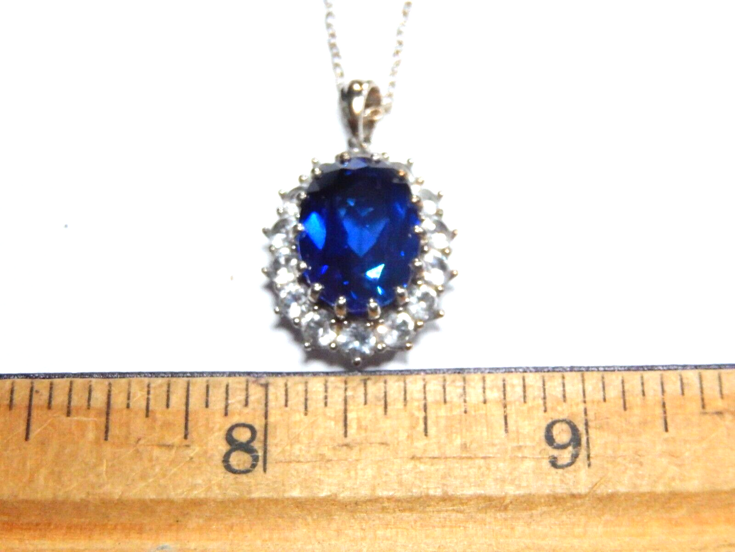 *VINTAGE* Sterling Silver 12.0 CT Lab Created Sapphire & CZ Halo Pendant w/18"Ch