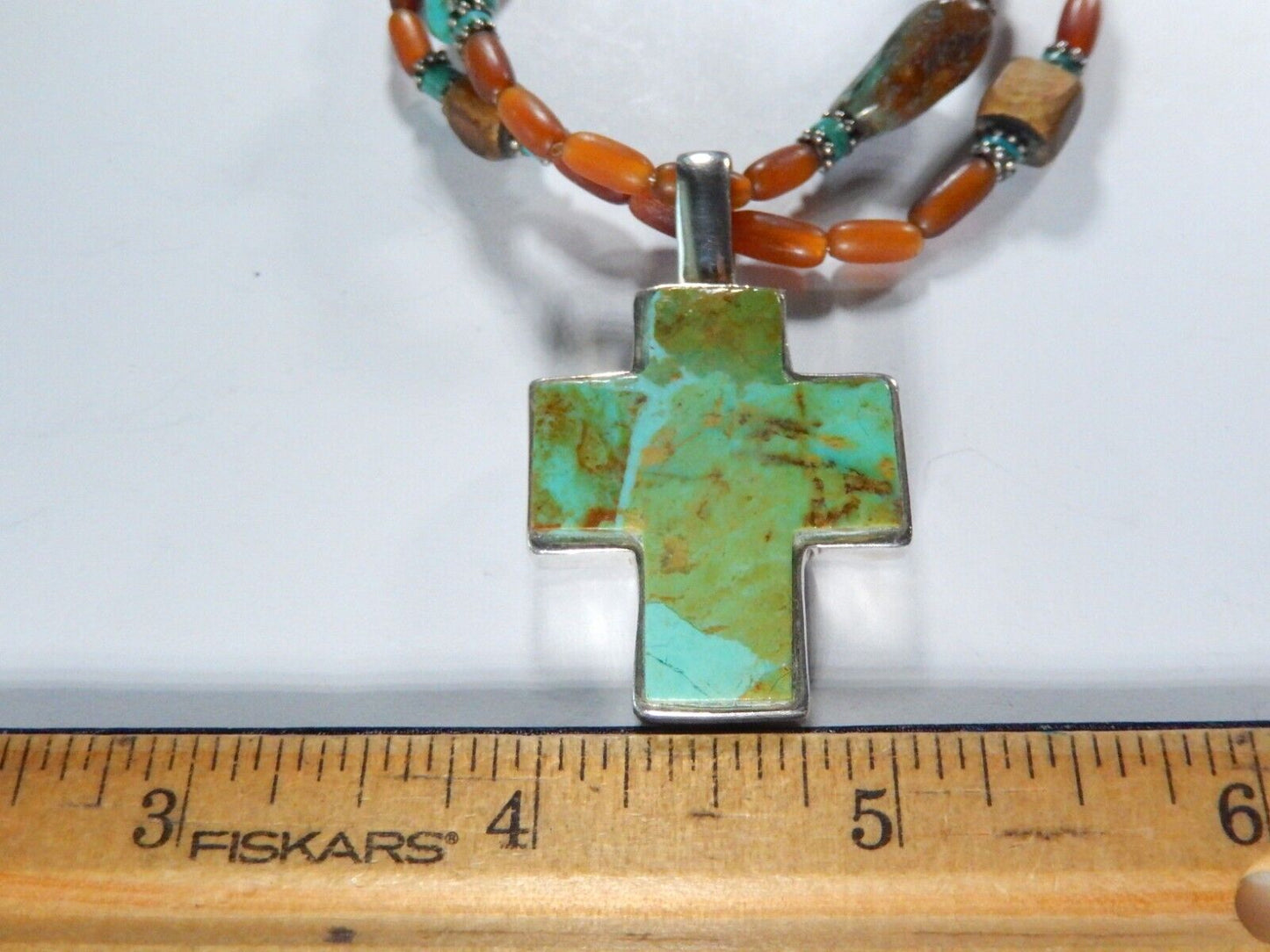 VINTAGE* Southwest Sterling Silver Turquoise Cross Pendant & Beaded 17"Necklace