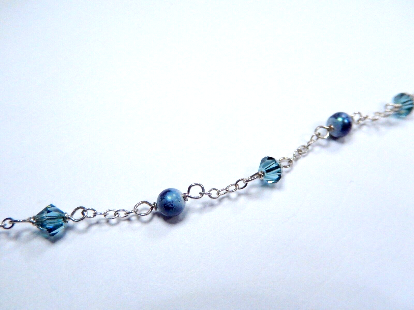*VINTAGE*  Sterling Silver JADE-PEARL-BLUE CRYSTAL Beaded Necklace 18" Length