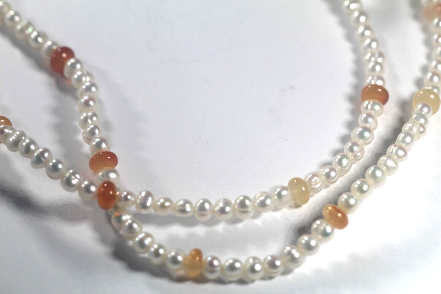 *NEW* Long 36" Real 4-5mm White Baroque Pearl & Orange Gemstone Beads Necklace