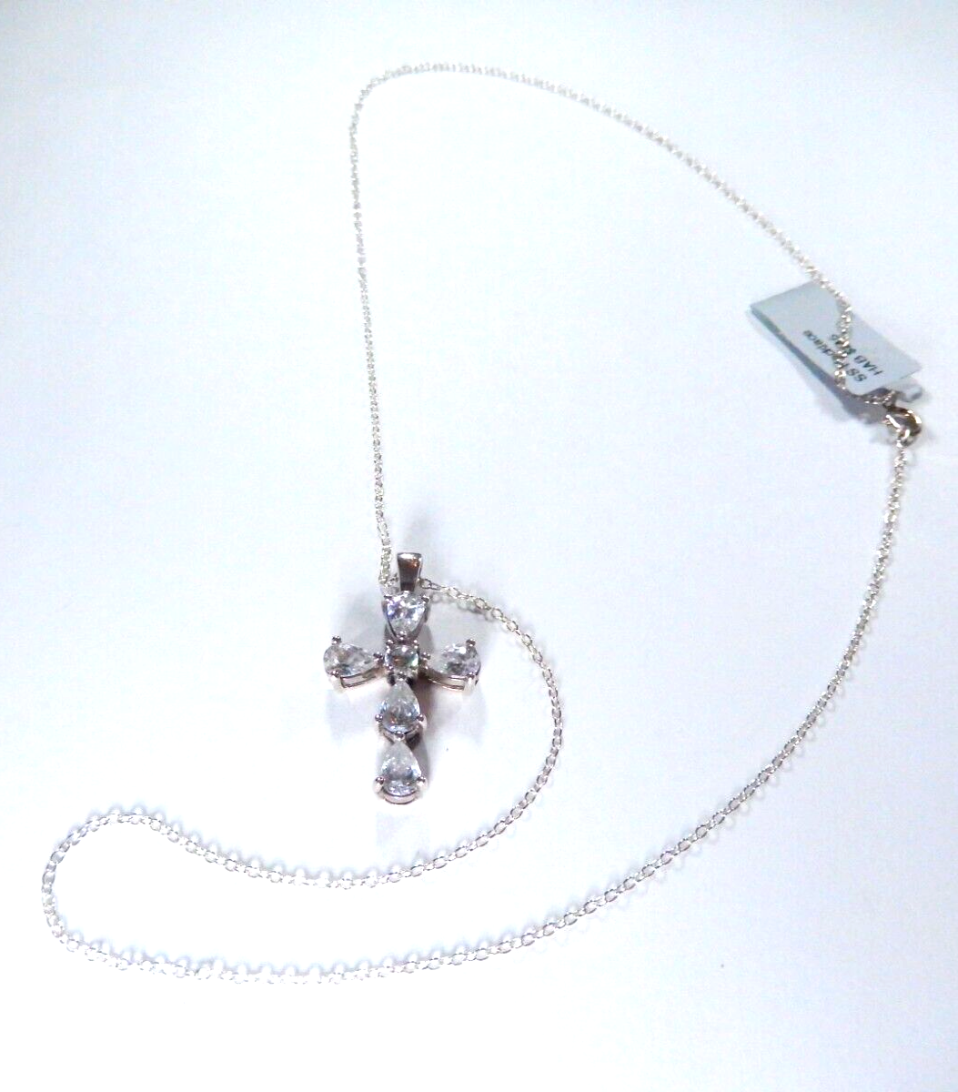 CZ Cross Pendant Sterling Silver Pear Shaped Cubic Zirconia Stones w/18" Chain