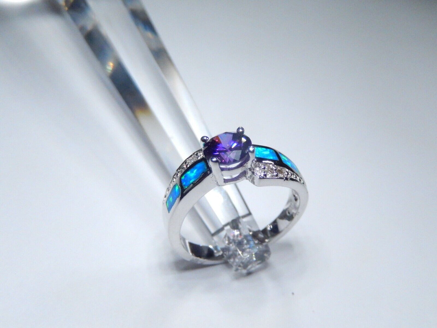 Amethyst & Blue Fire Opal Inlay with CZ Accents 925 Sterling Silver Ring sz 8.5