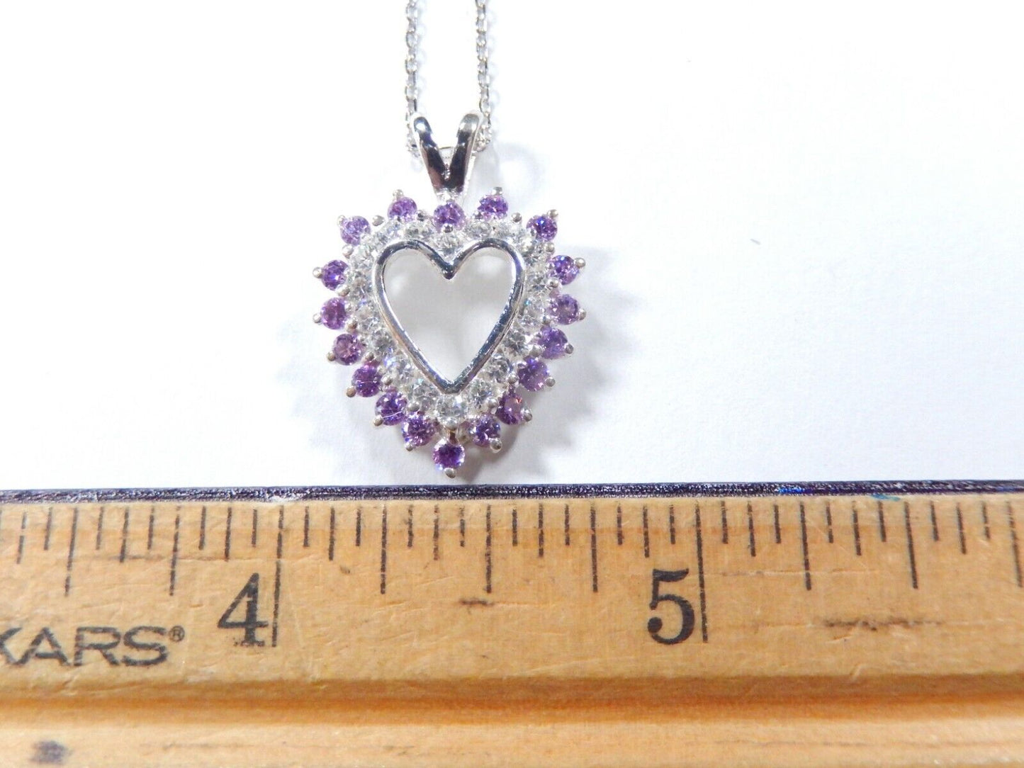 Purple Amethyst and Cubic Zirconia Heart Pendant Necklace Sterling Silver w/18"C
