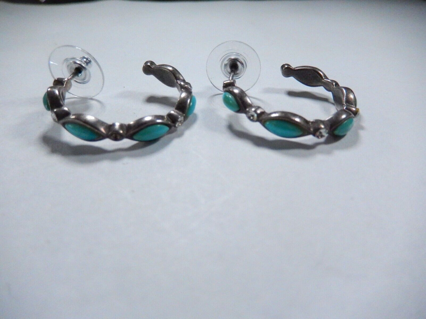 *VINTAGE*  BARSE Sterling Silver w/Turquoise & CZ Hoop Pierced Earrings