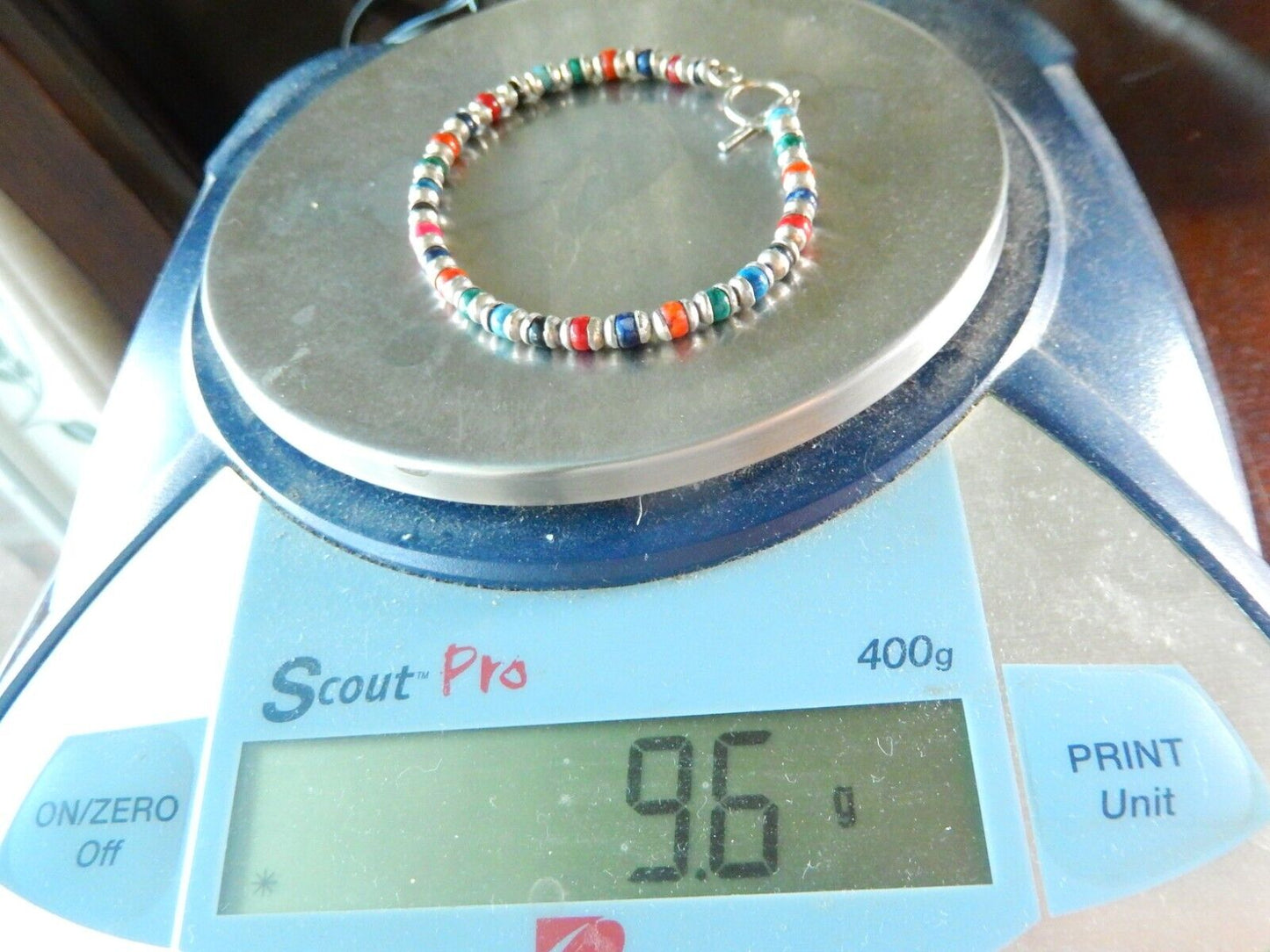 *VINTAGE* Multi Gemstone Beads w/ Sterling Bead Caps &Toggle Clasp Bracelet 7.5"