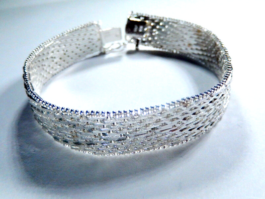 Vintage Italy 925 Thick Heavy 13mm Wide Chevron Mesh Bracelet Sterling Silver-7"