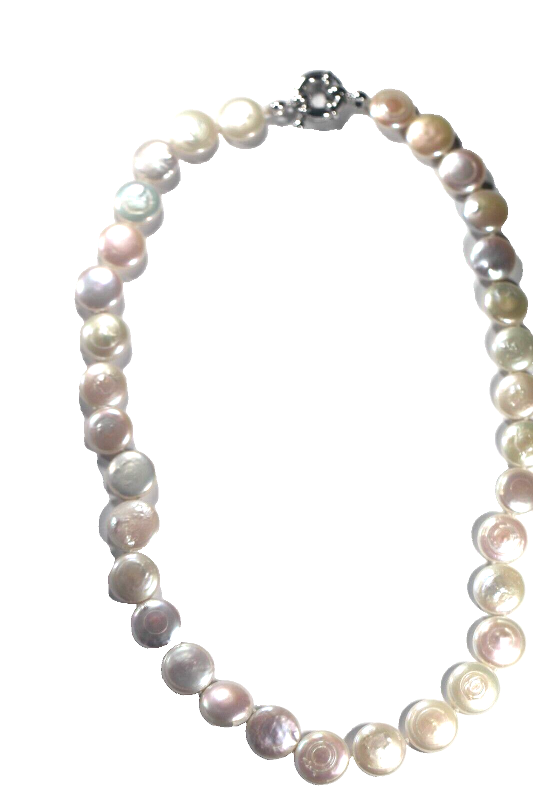 12 mm White Button Pearl Necklace Freshwater Pearls Large Silver Clasp 16"