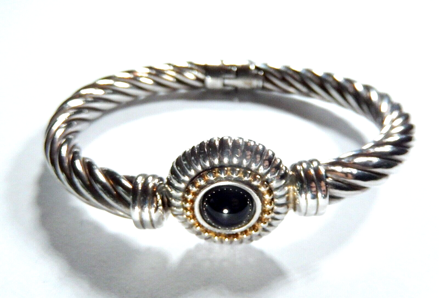 *VINTAGE*  7.5 mm Sterling Silver Hinged Black Onyx- Twisted Cable Cuff Bracelet