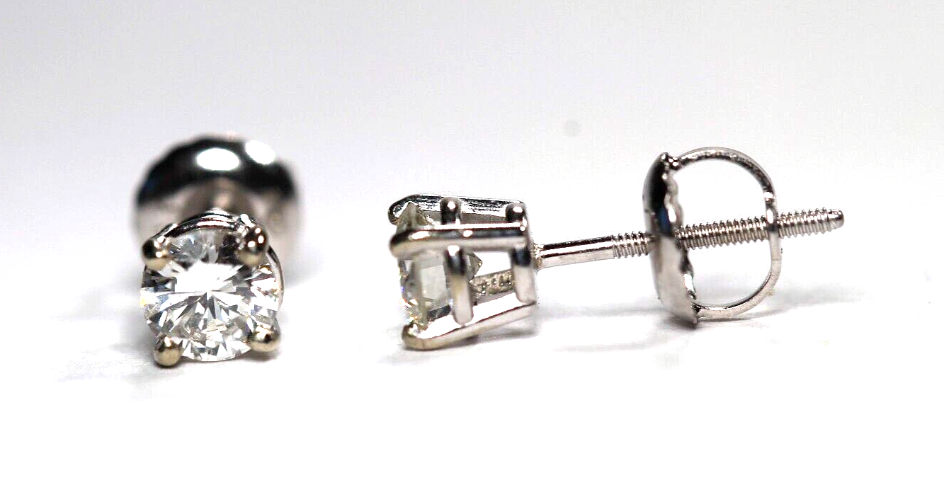 New! 14K White Gold .48 CT TW Natural Diamond  Screw Back Stud Earrings