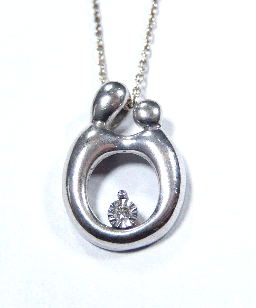 LOVELY STERLING SILVER & DIAMOND MOTHER & CHILD PENDANT w/18" Sterling Chain