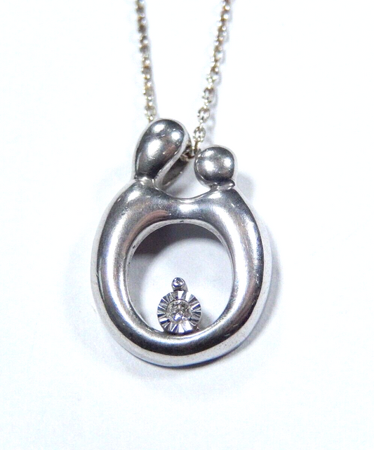 LOVELY STERLING SILVER & DIAMOND MOTHER & CHILD PENDANT w/18" Sterling Chain