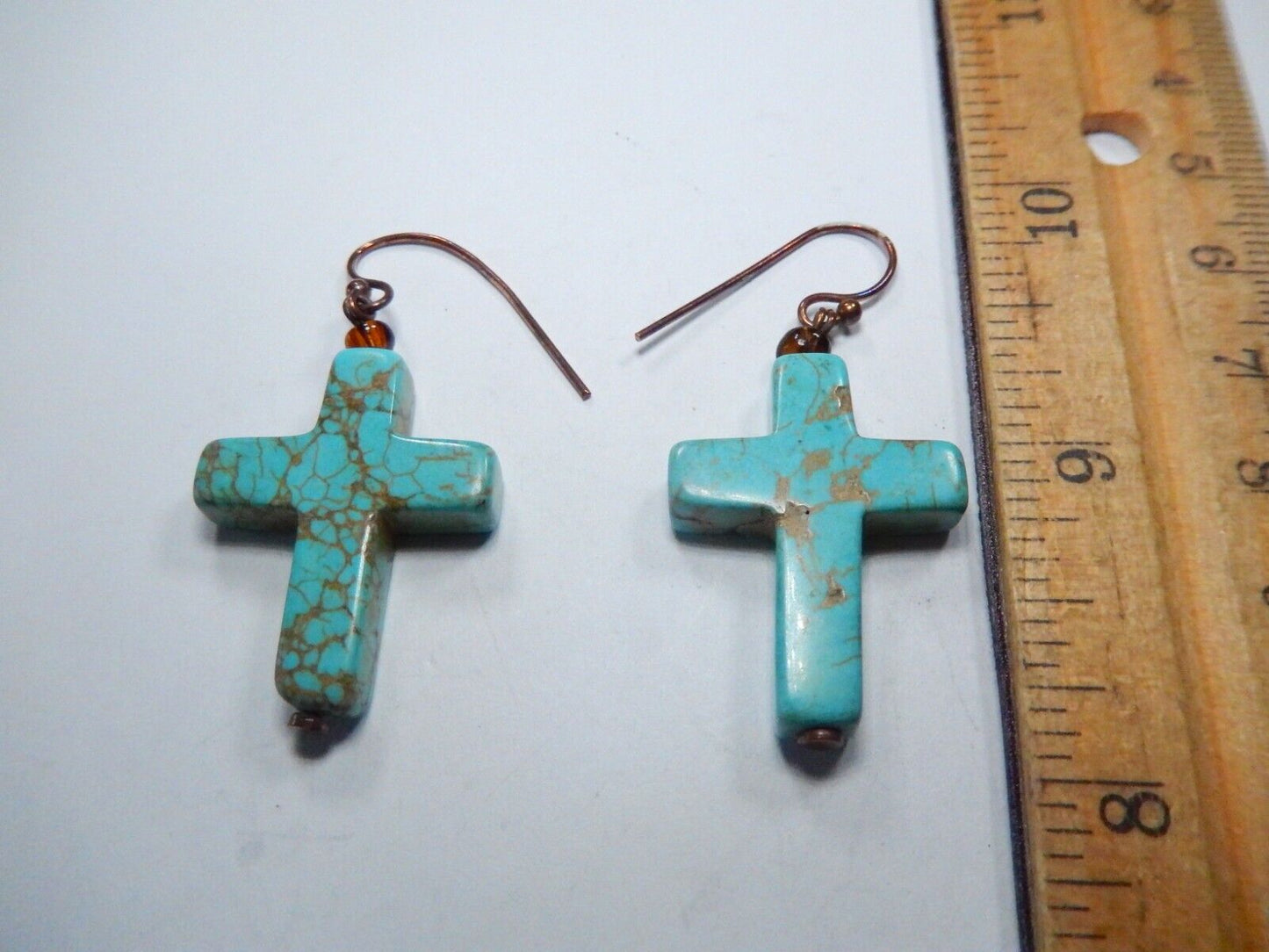 *VINTAGE* Southwestern Style Copper Cross Turquoise Earrings 1-1/4" x 7/8"