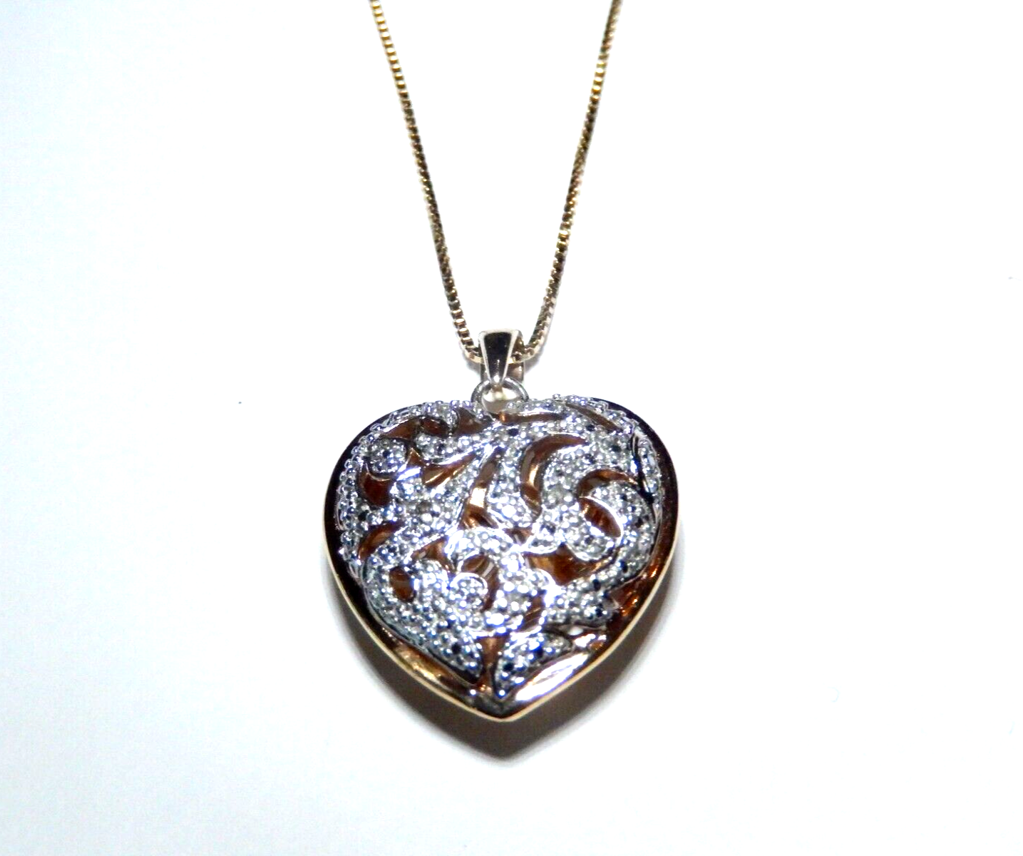 VINTAGE Gold Vermeil 925 Filigree Puffed Heart Diamond Pendant w18 Chain
