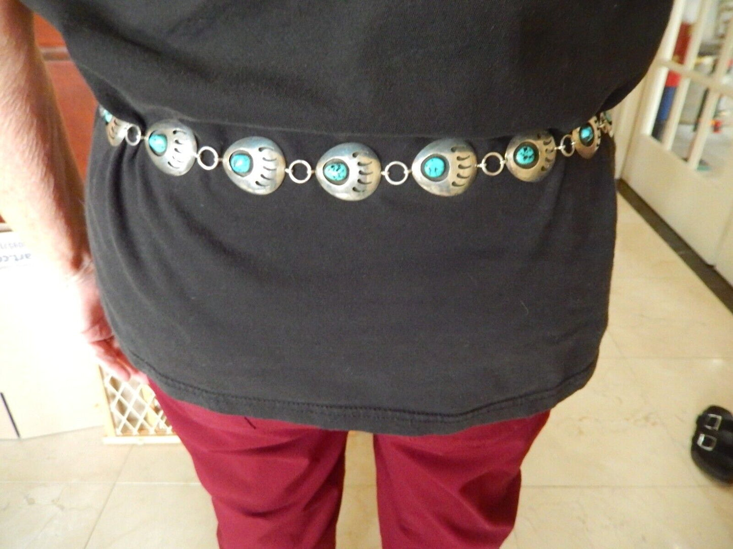 Vintage Navajo 36” Concho Belt / Necklace Sterling Silver Bear Claw Turquoise