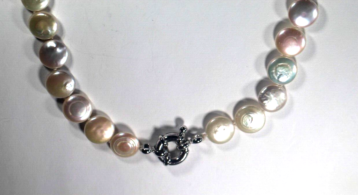 12 mm White Button Pearl Necklace Freshwater Pearls Large Silver Clasp 16"