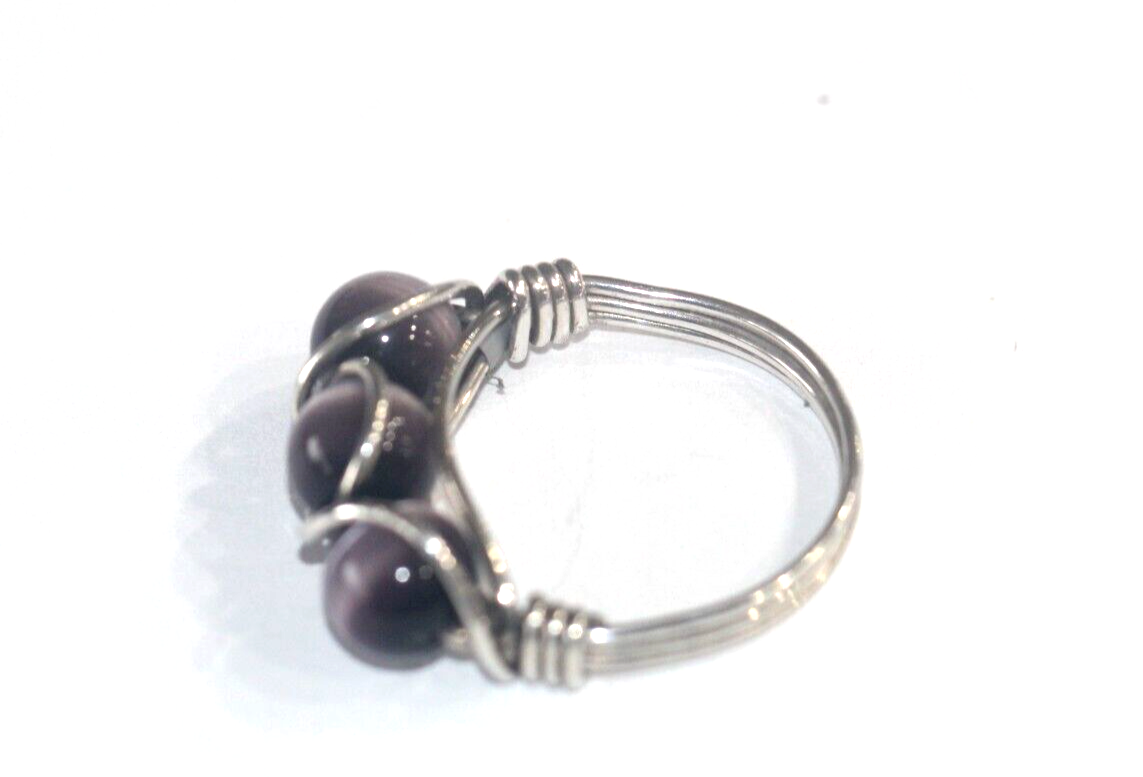 Large Sterling Silver Purple Cats Eye Bead Wire Wrapped Ring Size 11