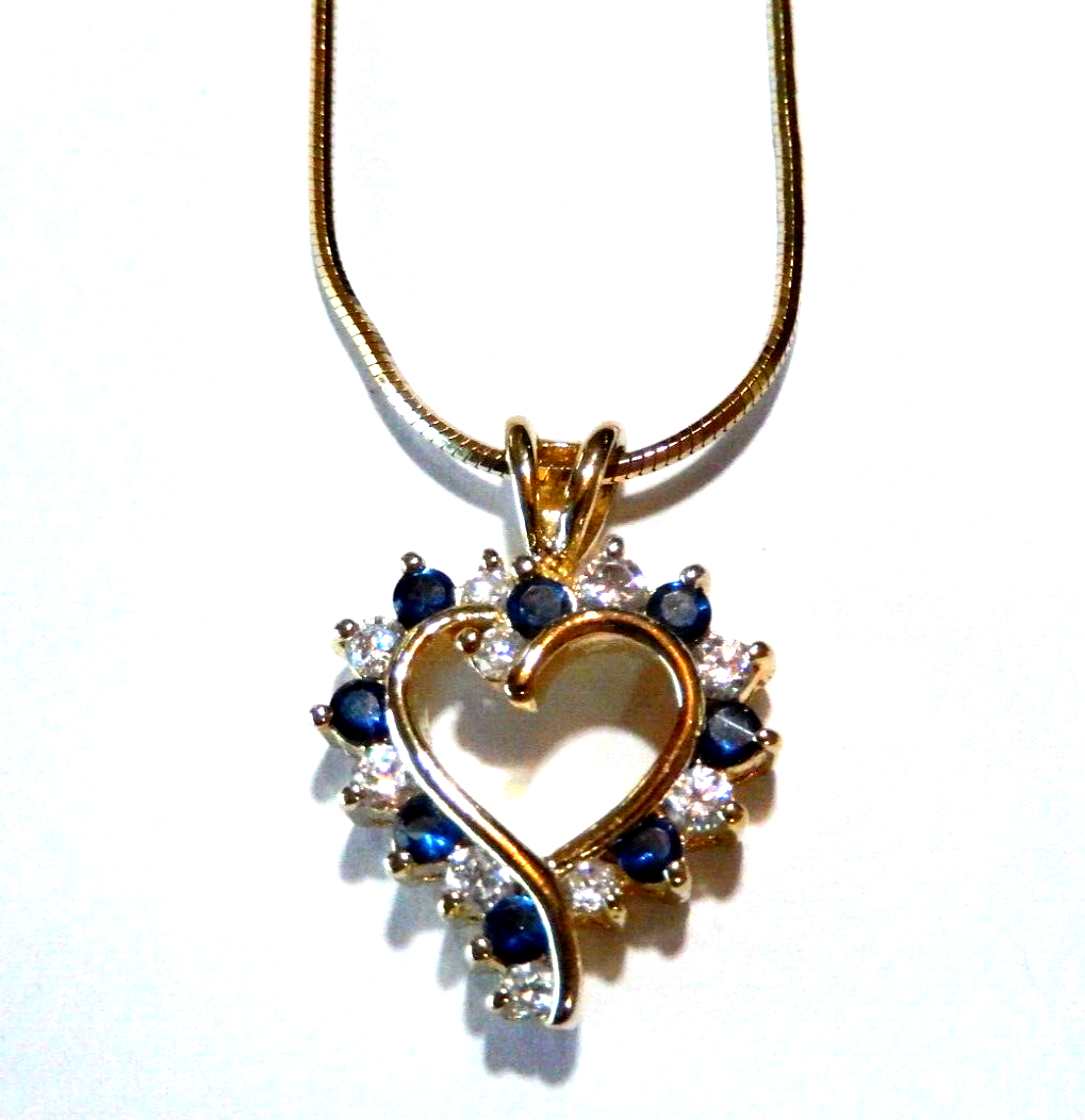 NEW Gold Vermeil 925 Sapphires CZ Heart Pendant w18 Vermeil Chain