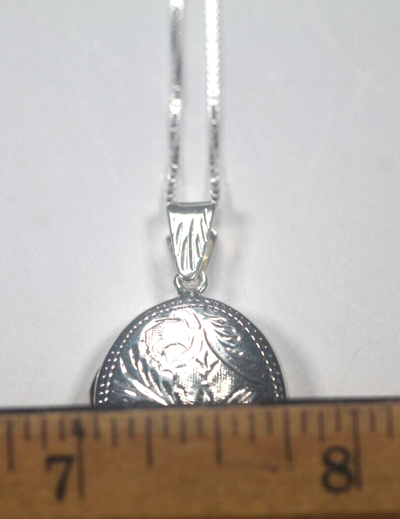 Sterling Silver Oval Floral Etched Design Locket Pendant w/20" Box Chain