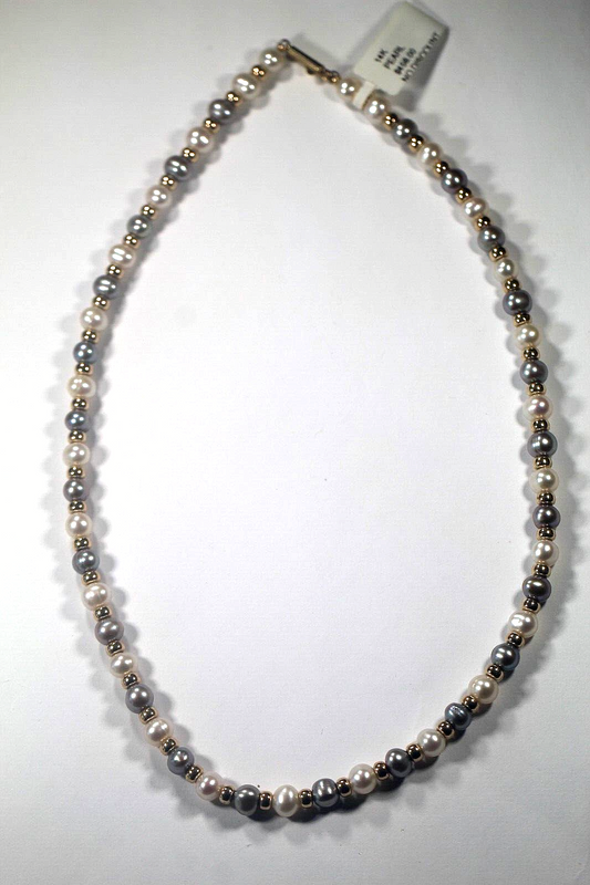 VINTAGE  14k Yellow Gold 4 mm Beaded with 6.5 mm White & Gray Pearl 17" Necklace