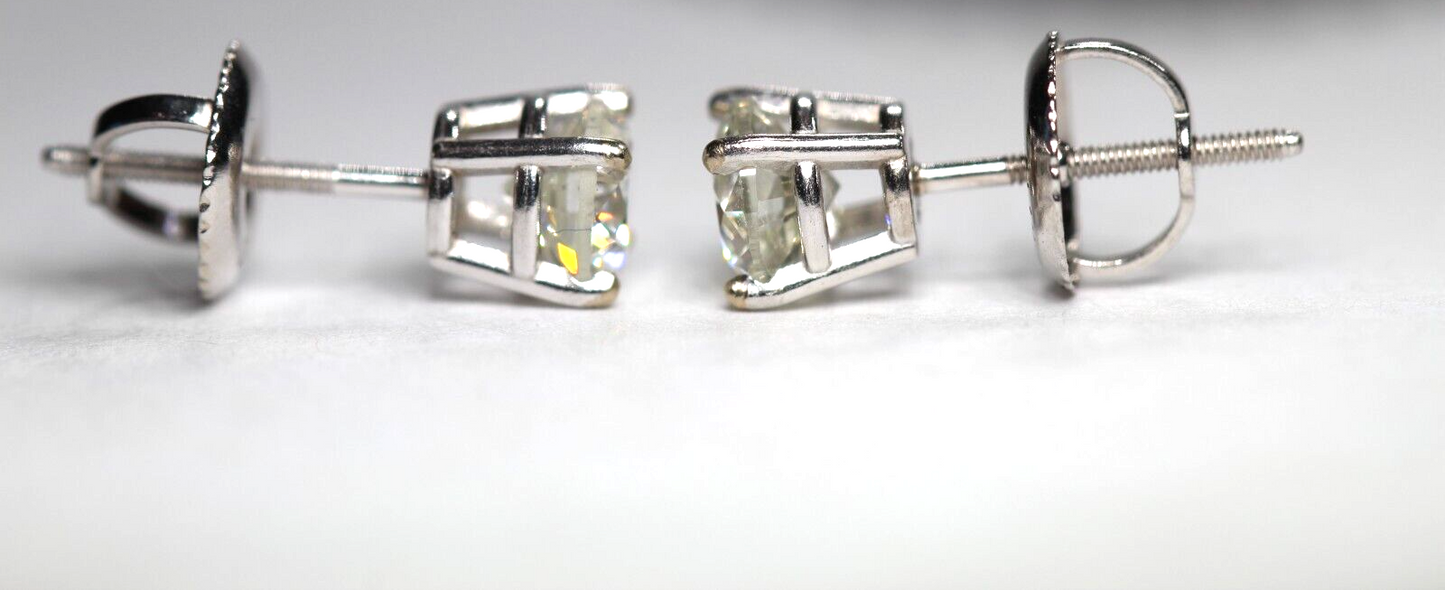 New! 14K White Gold 1.57 CT TW Natural Diamond  Screw Back Stud Earrings