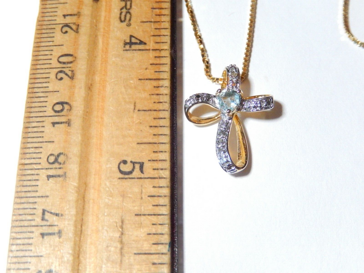 NWT Gold Vermeil 925 Blue Topaz  Diamond Cross Pendant  18 Vermeil Chain