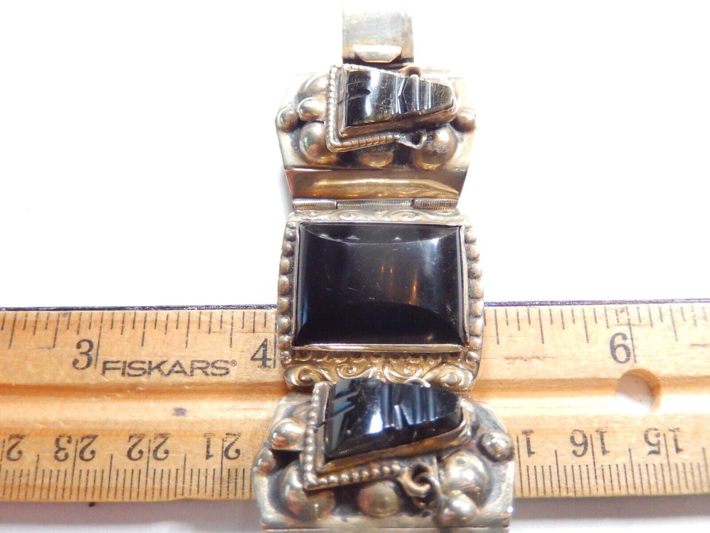 VINTAGE ONYX PANEL BRACELET HECHO EN MEXICO ABOUT 7 " LONG