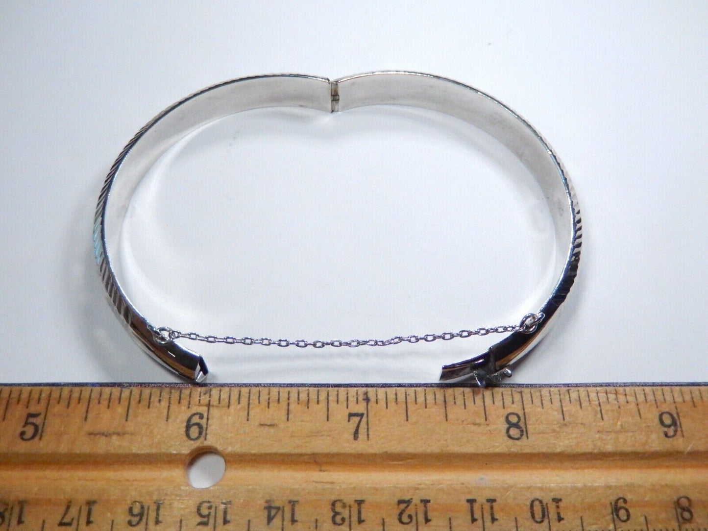 VINTAGE - Sterling Silver Hinged Bangle Bracelet with Clasp & Chain ~ 11.8 grams