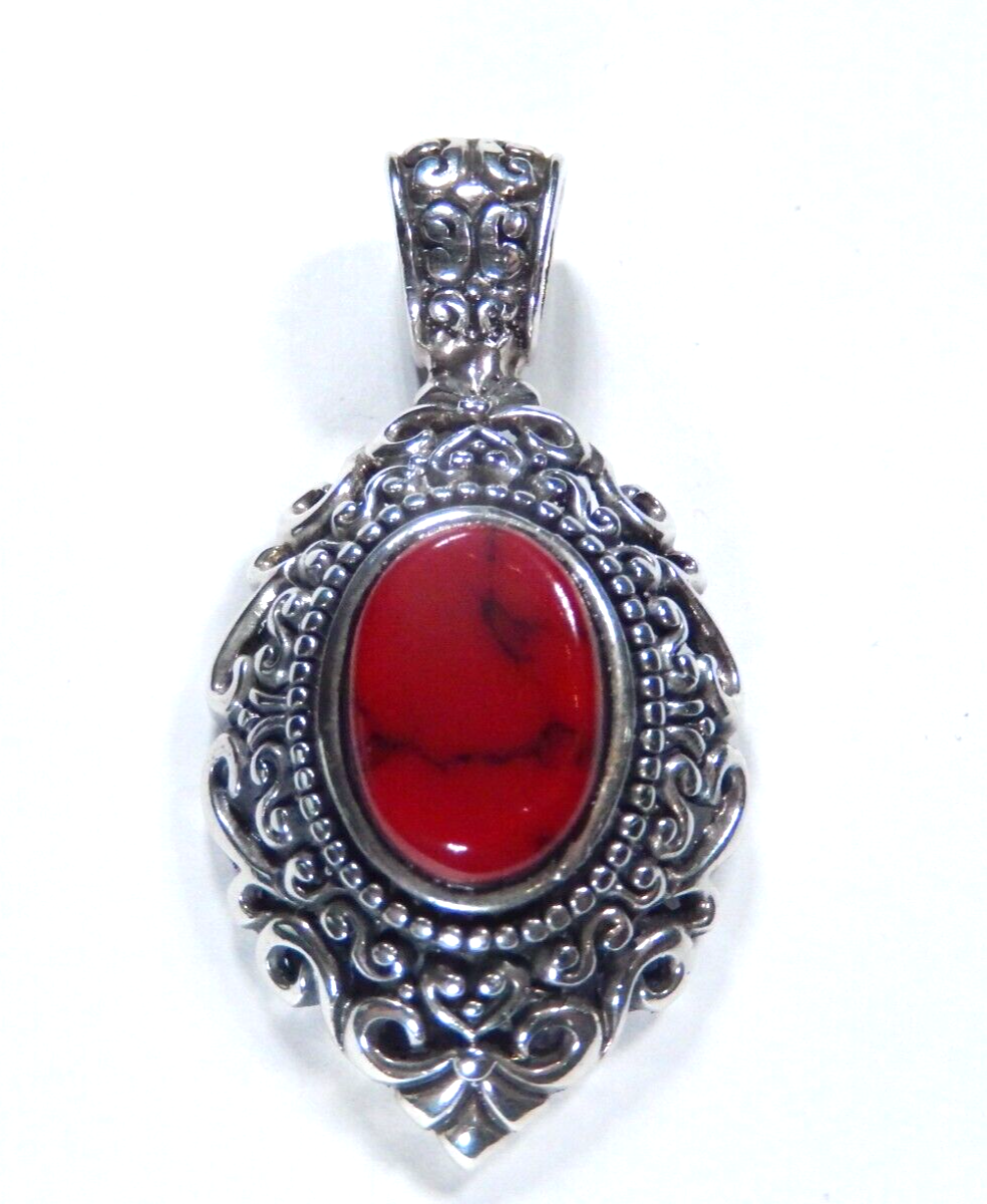 VINTAGE MEXICO - Large Red Jasper Sterling Silver Filigree Pendant w/Large Bail