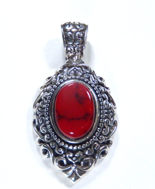 VINTAGE MEXICO - Large Red Jasper Sterling Silver Filigree Pendant w/Large Bail