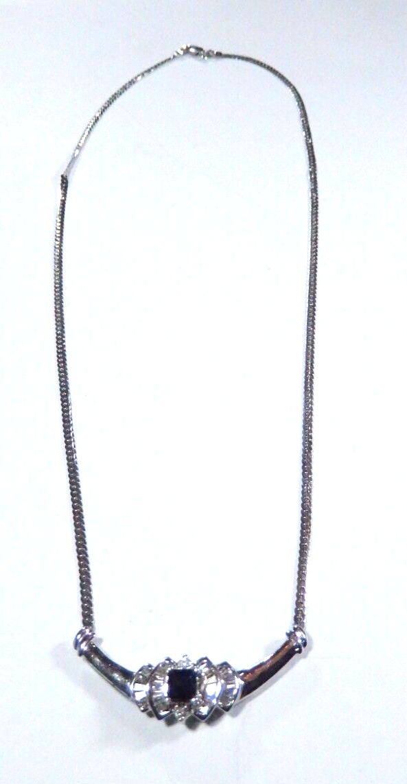 VINTAGE  14K White Gold Blue Sapphire and Diamond Halo Necklace 175