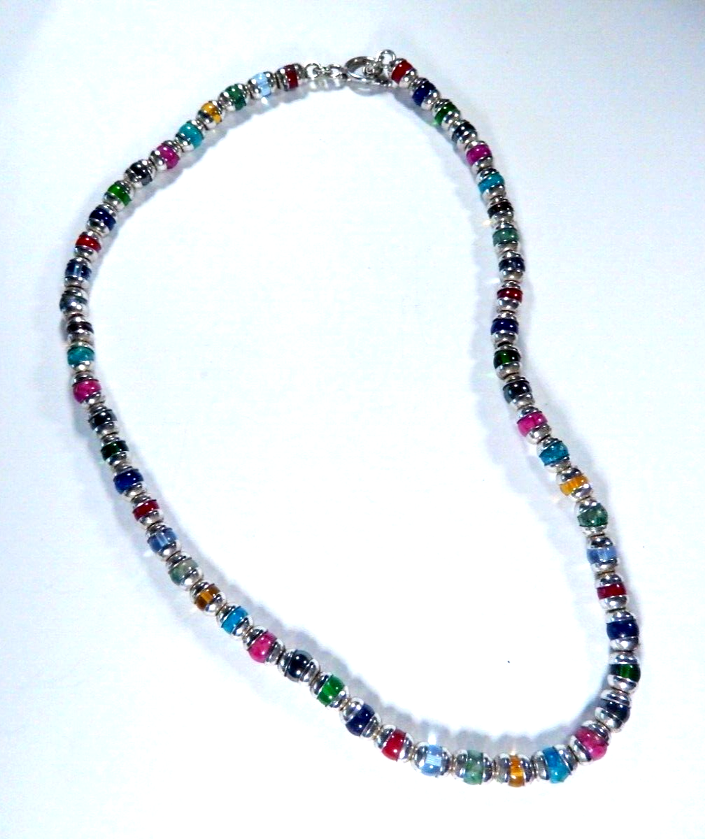 *VINTAGE* Multi Gemstone Beads w/ Sterling Bead Caps &Toggle Clasp Necklace 20"