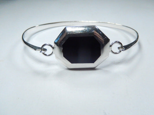 *VINTAGE*  925 Sterling Silver Black Onyx Hinged Hook On Bangle Bracelet